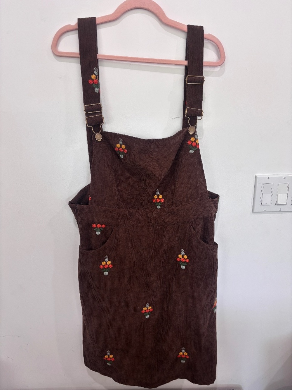 BloomChic Corduroy Overall Dress Size 14 Brown Floral Embroidered Pinafore